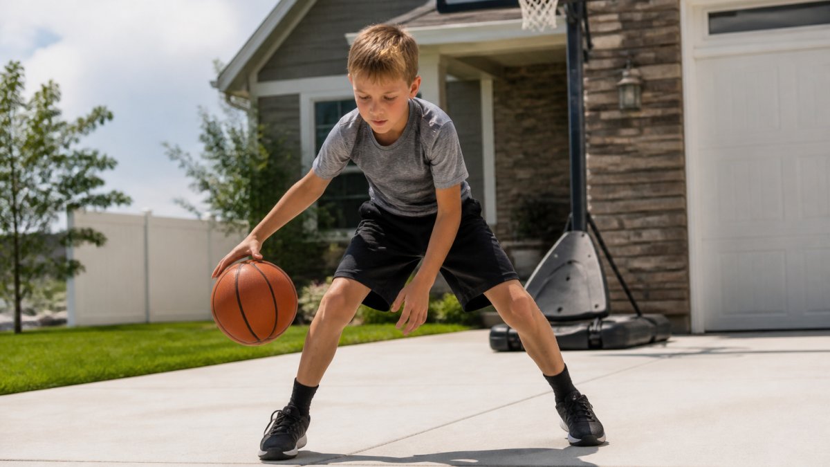 Young basketball player practicing ball-handling drills in a driveway for basketball training busy families