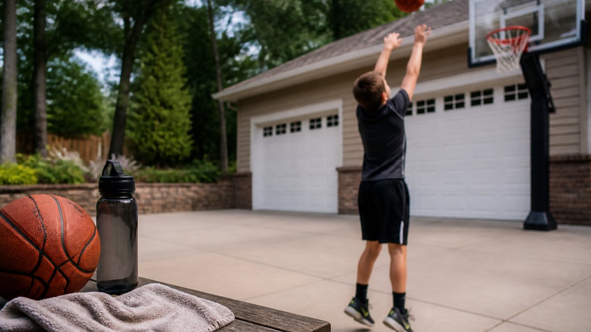 Young basketball player in driveway shooting basketball while smartphone on nearby surface tracks workout progress in real-world training environment