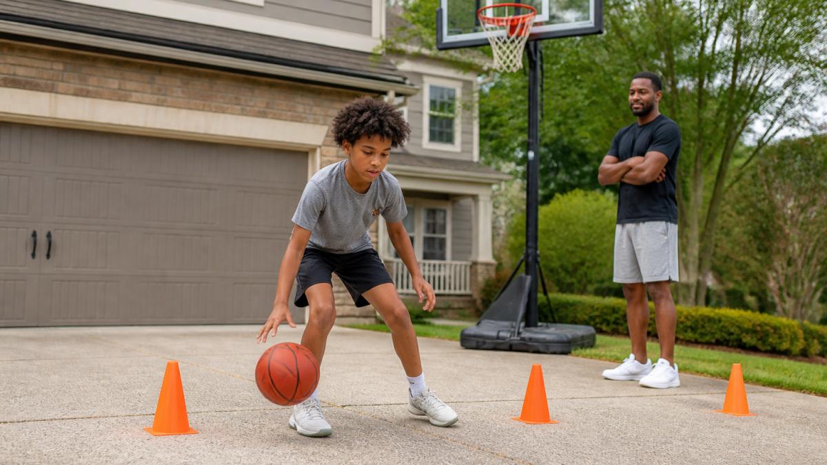 A young player practicing dribbling on a paved driveway with a portable basketball hoop, cones set up nearby, and a parent watching from the side