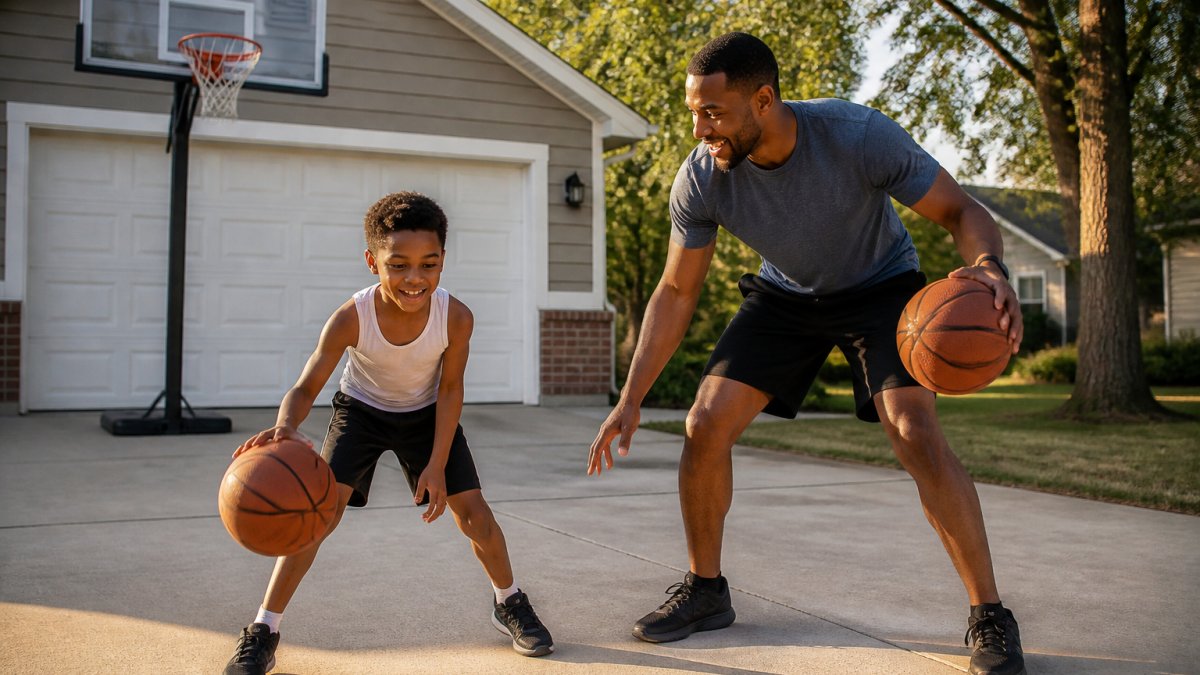 A parent and child smiling while shooting basketballs in a sunlit driveway to learn how to keep child motivated for sports