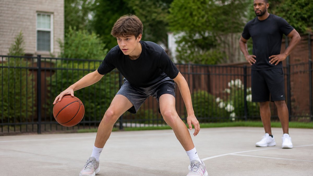 A teenage basketball player in athletic wear demonstrating proper dribbling stance on a driveway court, knees bent, head up, one hand on the ball, with a coach or parent observing in the background