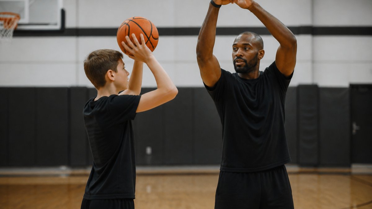 Young basketball player receiving personalized instruction from coach in gym, coach demonstrating shooting mechanics with proper form and positioning